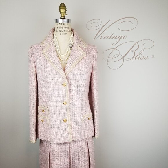 Vintage 1950's Classic Pale Pink Tweed 2 pc Tweed Blazer Skirt Suit Set * Small - Picture 1 of 16